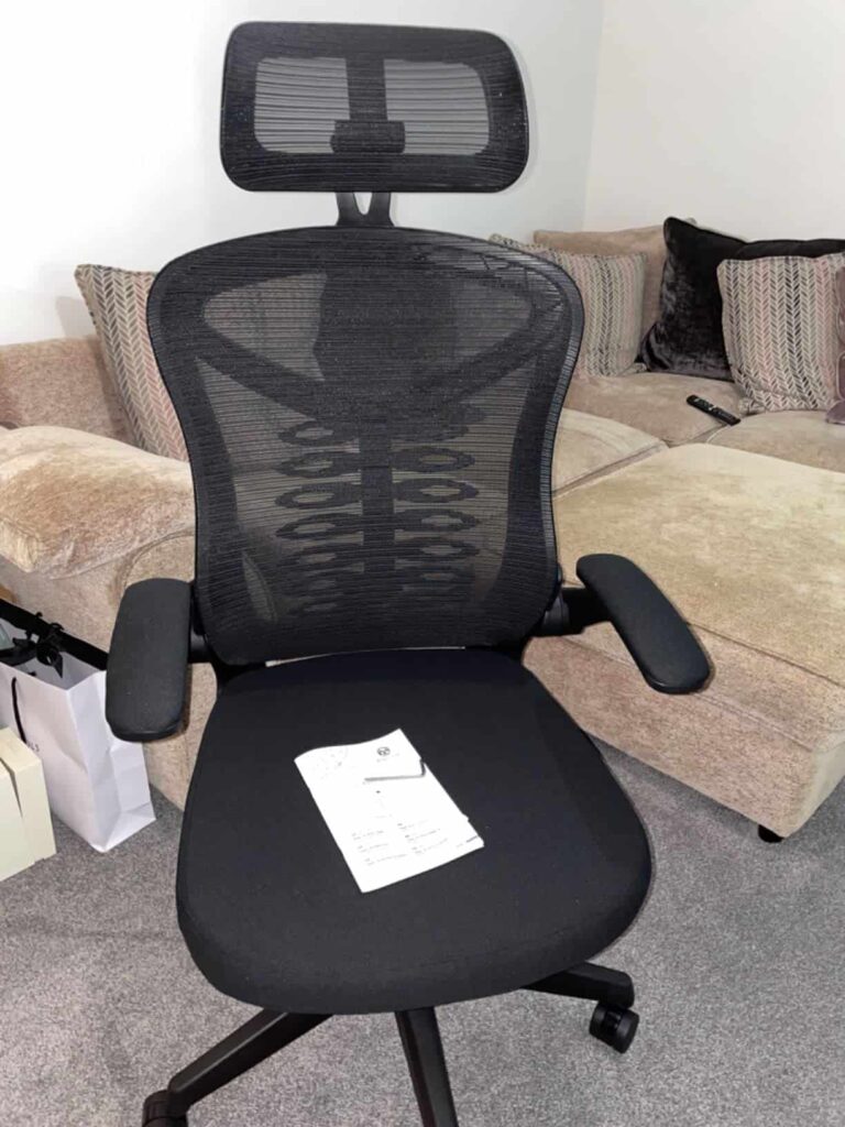 view of our purchase mesh ergonomic office chair with flip up arms our unboxing and testing experience 