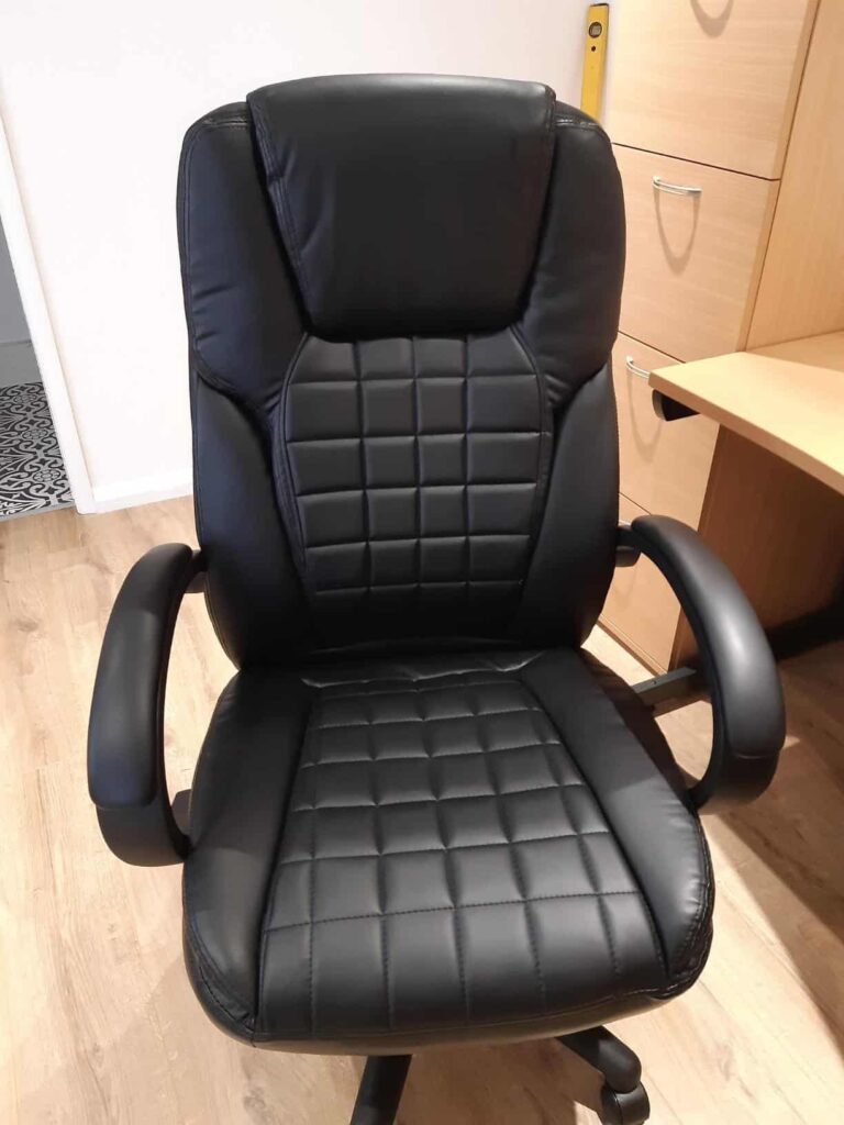 view of black leather heavy duty executive office chair our unboxing package arrival home office