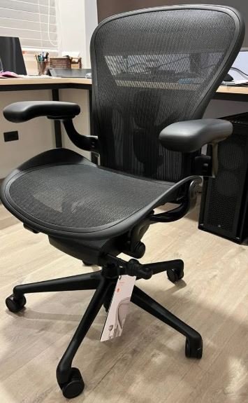 view of our own purchase herman miller aeron (size c) office chair for tall person uk testing unboxing package arrival several weeks to months